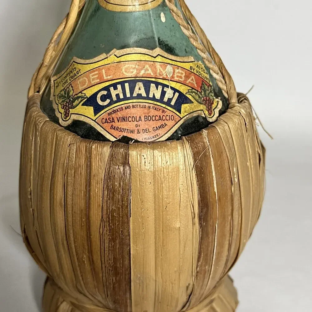 1962 Vintage Del Gamba Chianti Vino Wine Bottle WICKER Rattan Wrap Italy 11x5”